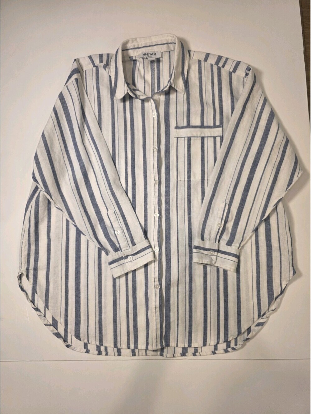 Nine West Striped Linen Shirt L Large Blue White Button Front Long Sleeve